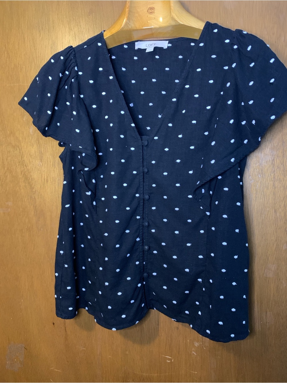 LOFT Black Polka Dot Button-Front Ruffle Sleeve Blouse